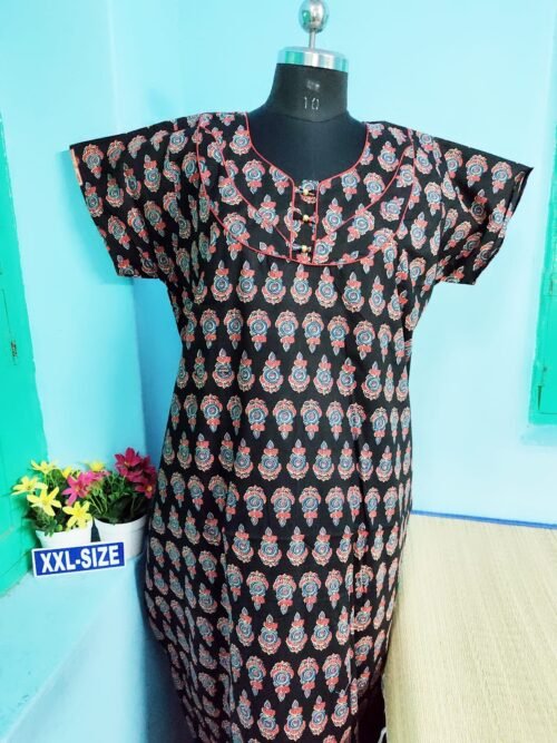 Thavam 60 Inches Height Nighty Black Color With Flower Print